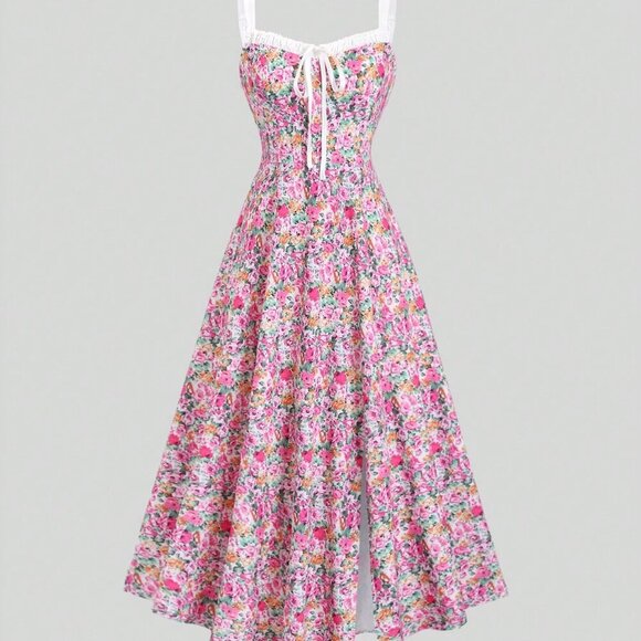 Pink Boho Women's Spaghetti Strap Ditsy Floral & Satin Patchwork Dress - Picture 4 of 7